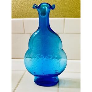 Vintage Cobalt Blue Glass Embossed Vase with Clovers